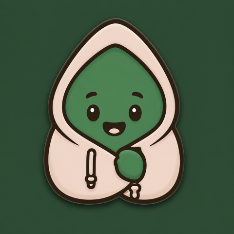 Nourish mascot — a friendly, hooded green character
